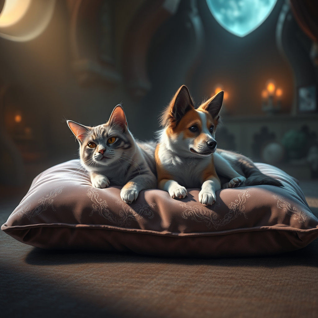 Cat and Dog in Dreamlike Fantasy Art Style
