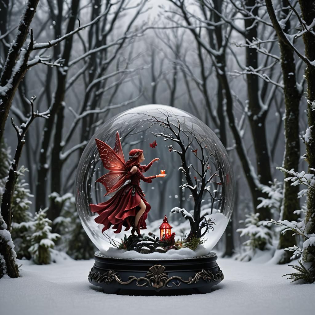 Detailed Red Fairy in Snow Globe