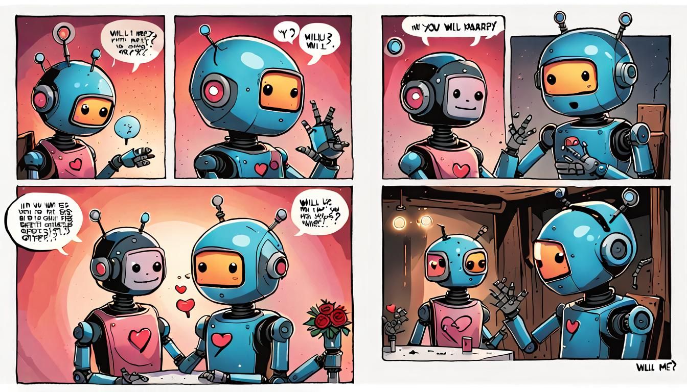 A short comic strip in vibrant acrylic and ink mixed media, depicting a marriage proposal between two cute robots. In th...