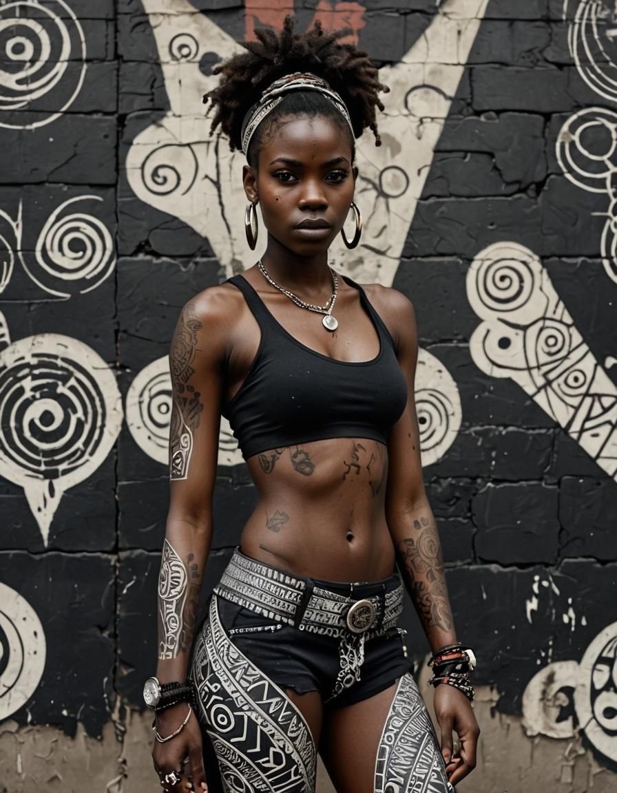 A beautiful Ebony woman, her body is covered in tribal tatto...