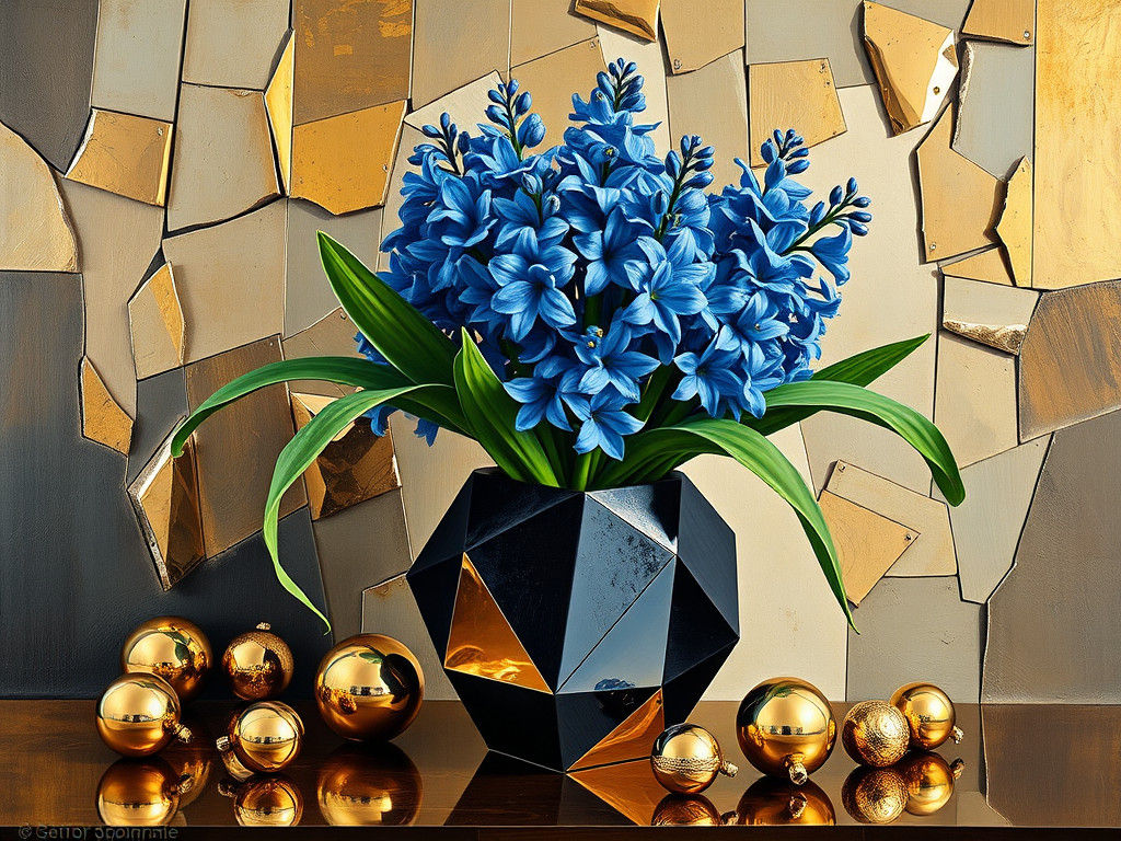 Cubist Still Life of Hyacinth in Goldenpunk Style