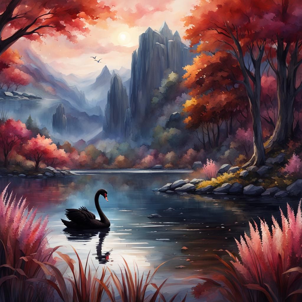 Black Swan in Lake: Watercolor Landscape Art