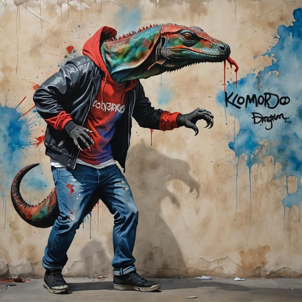 Komodo Dragon Graffiti Art in Synthwave Style