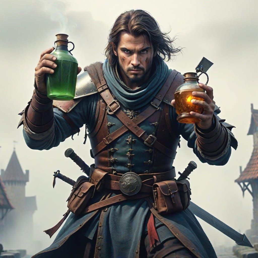 Fantasy Warrior with Potion on Battlefield