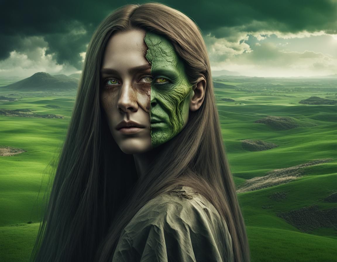 Janus-Faced Woman in Post-Apocalyptic Landscape
