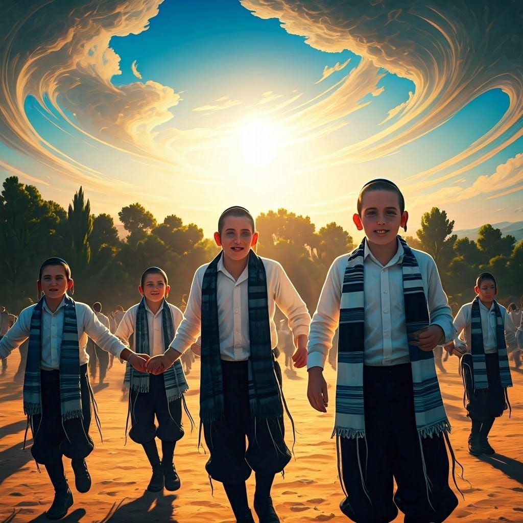 Hasidic Boys Dancing in Sunlit Field as Surrealist Painting