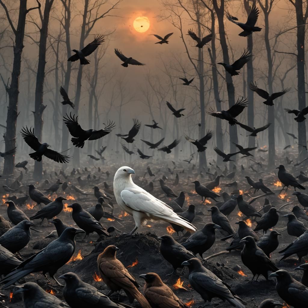 Cyborg Crow in Charred Forest, Detailed Matte Painting