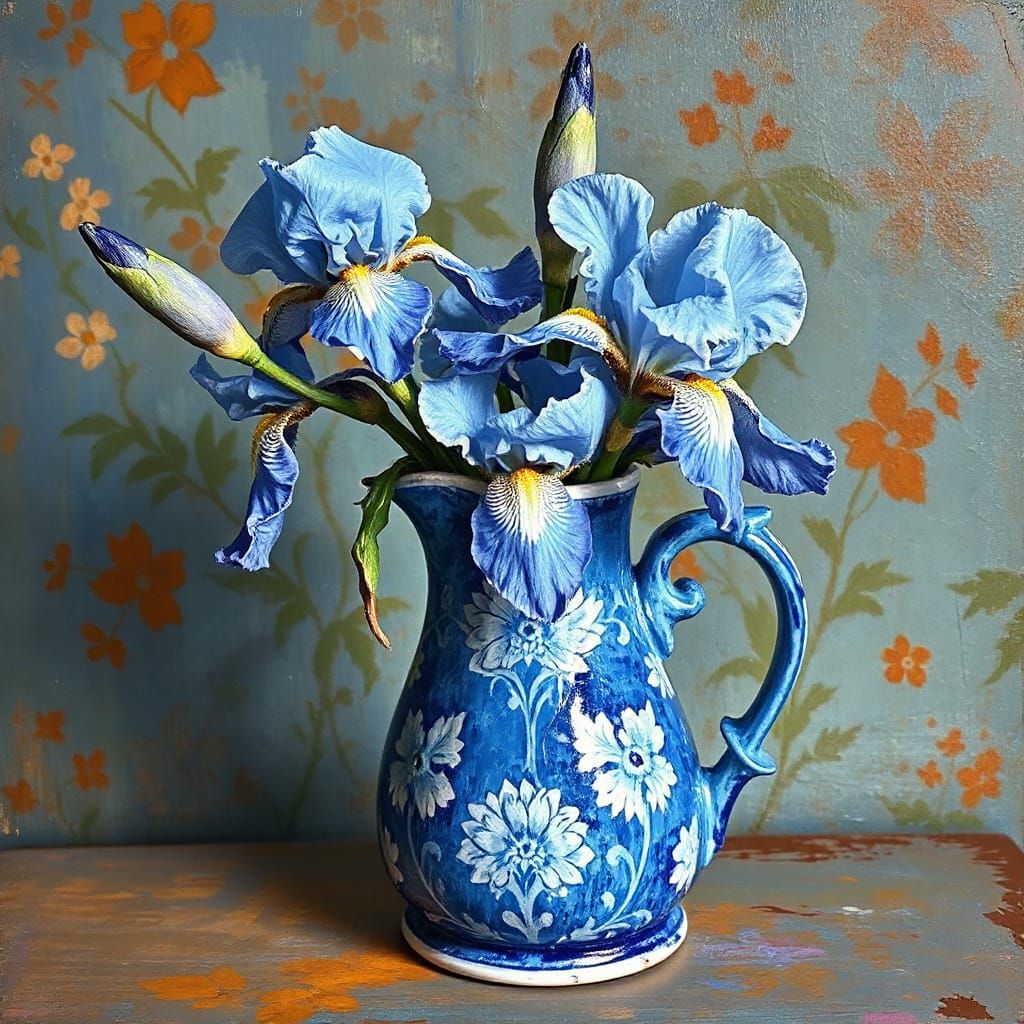 Irises in Jug: Van Gogh Inspired Impressionist Still Life