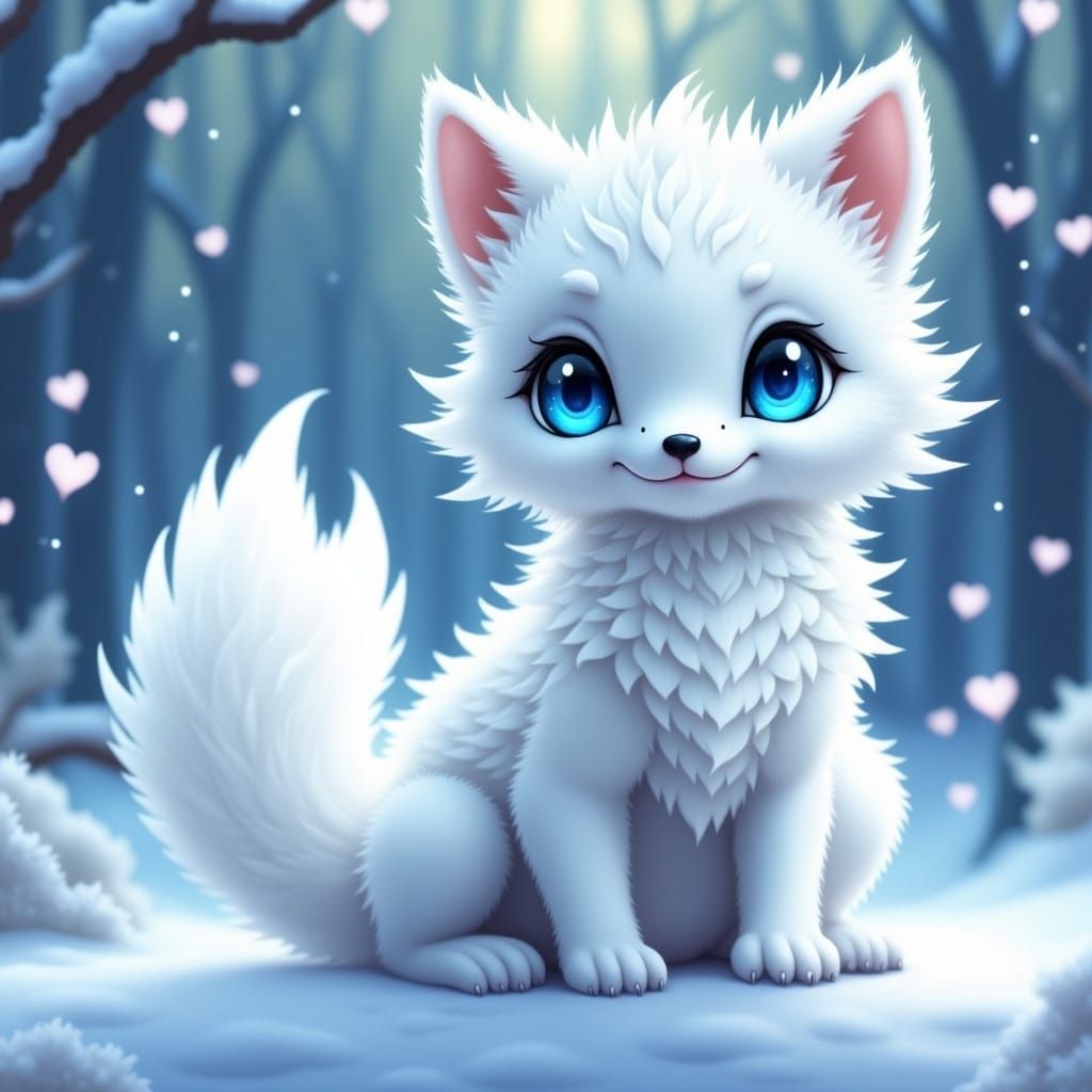Majestic Snow-White Fox Cub in Whimsical Winter Wonderland