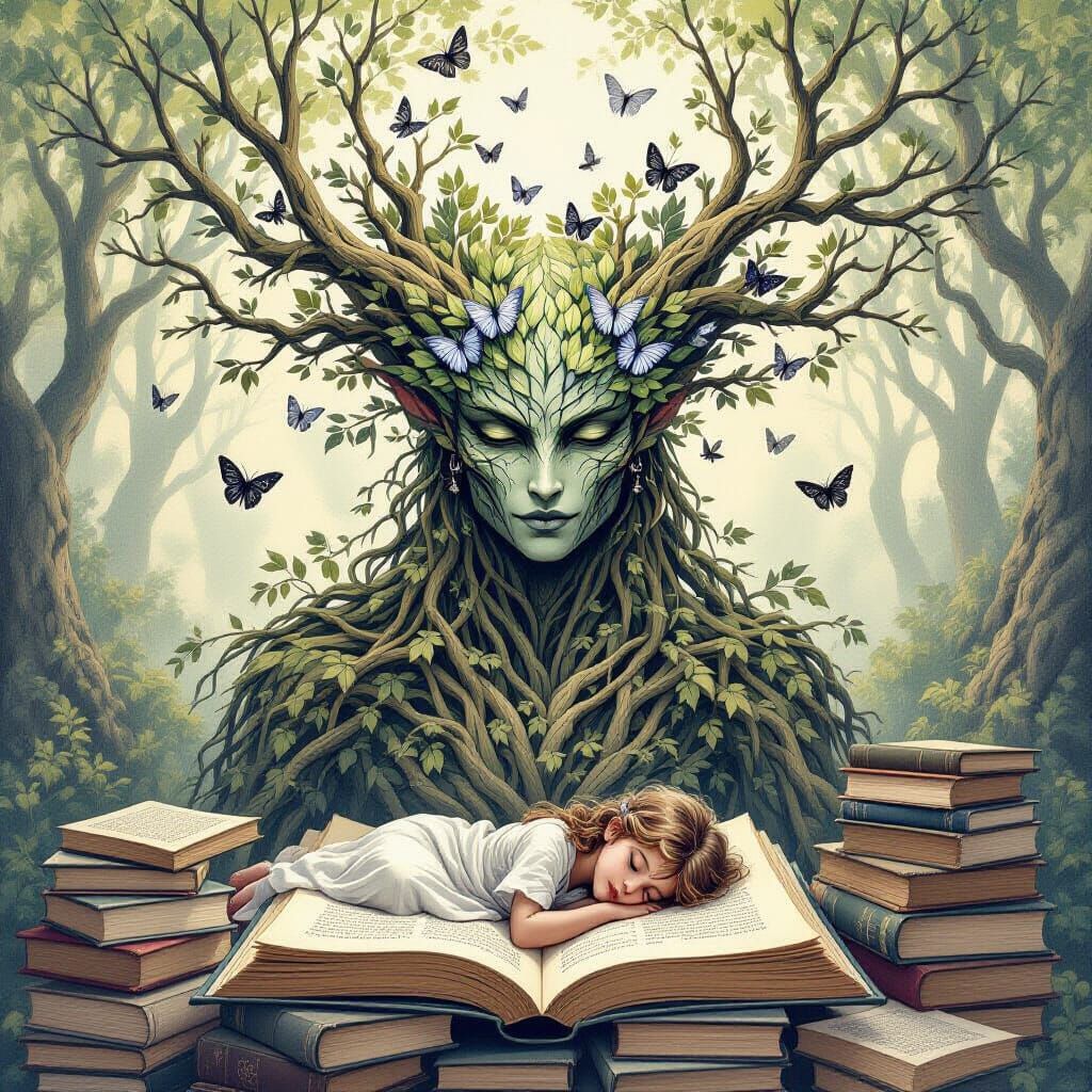 Mythological Forest Spirit with Shimmering Moths