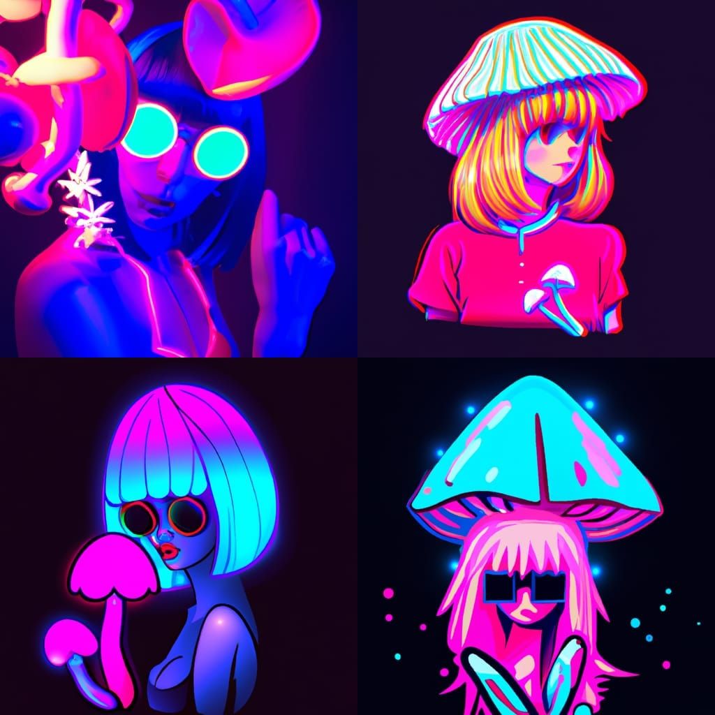 Neon Mushroom Girl in Synthwave Retro Style