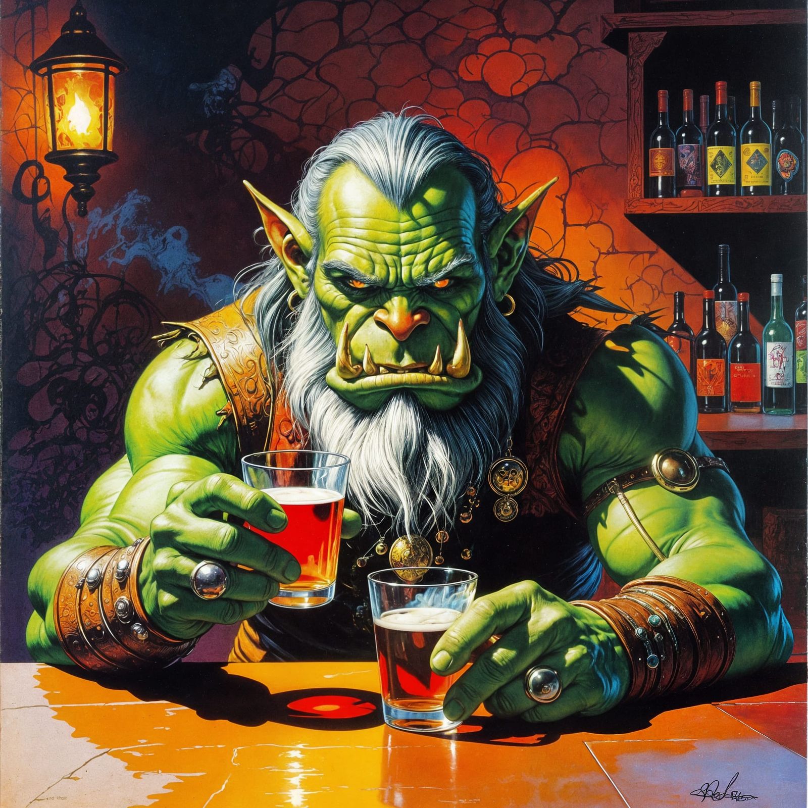 Orc Bartender in 1970s Paperback Fantasy Style