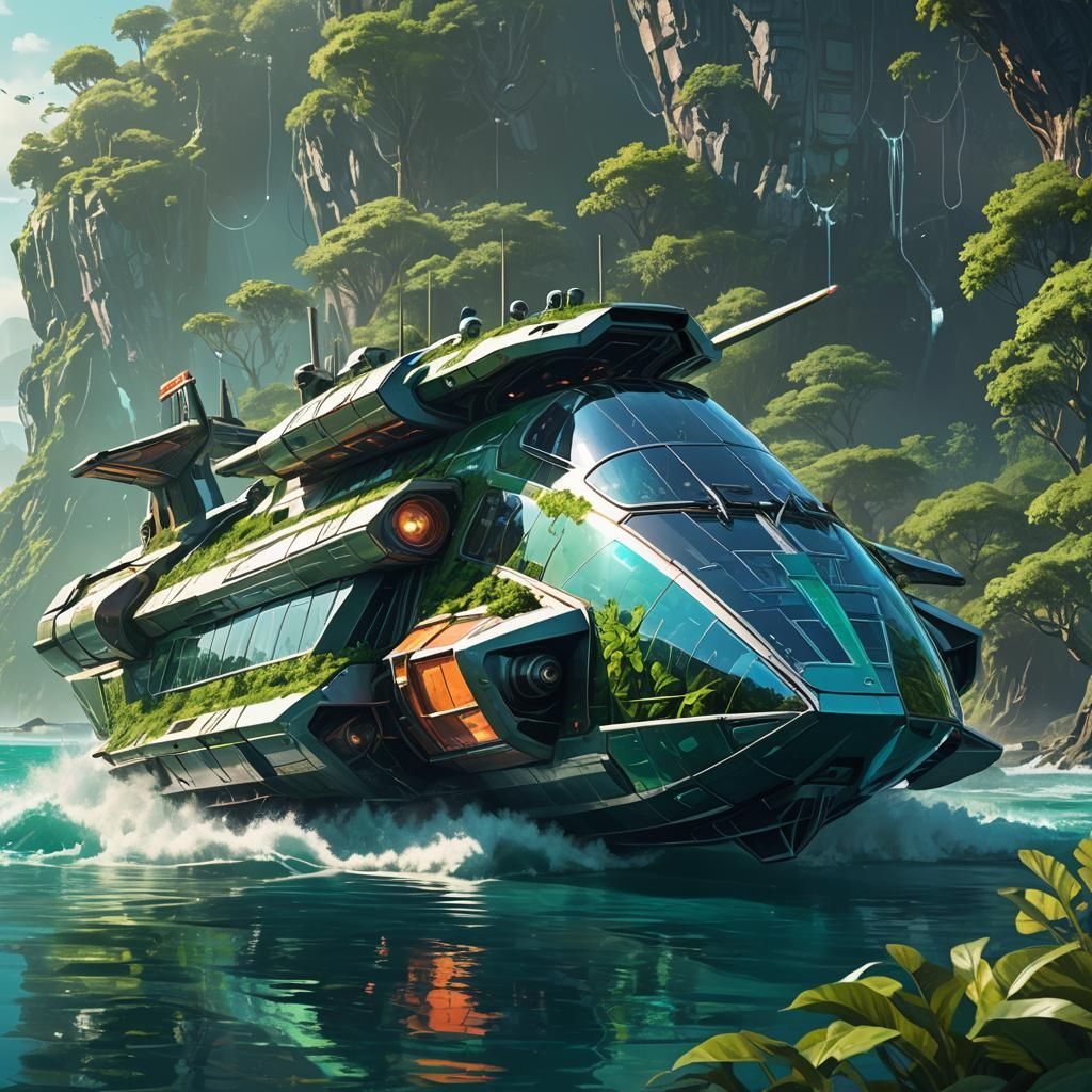 Futuristic Ship with Lush Greenery in Ocean Waters