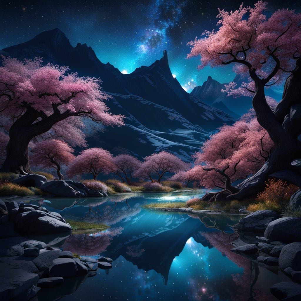 Night Mountain Valley with Sakura Trees and Milky Way