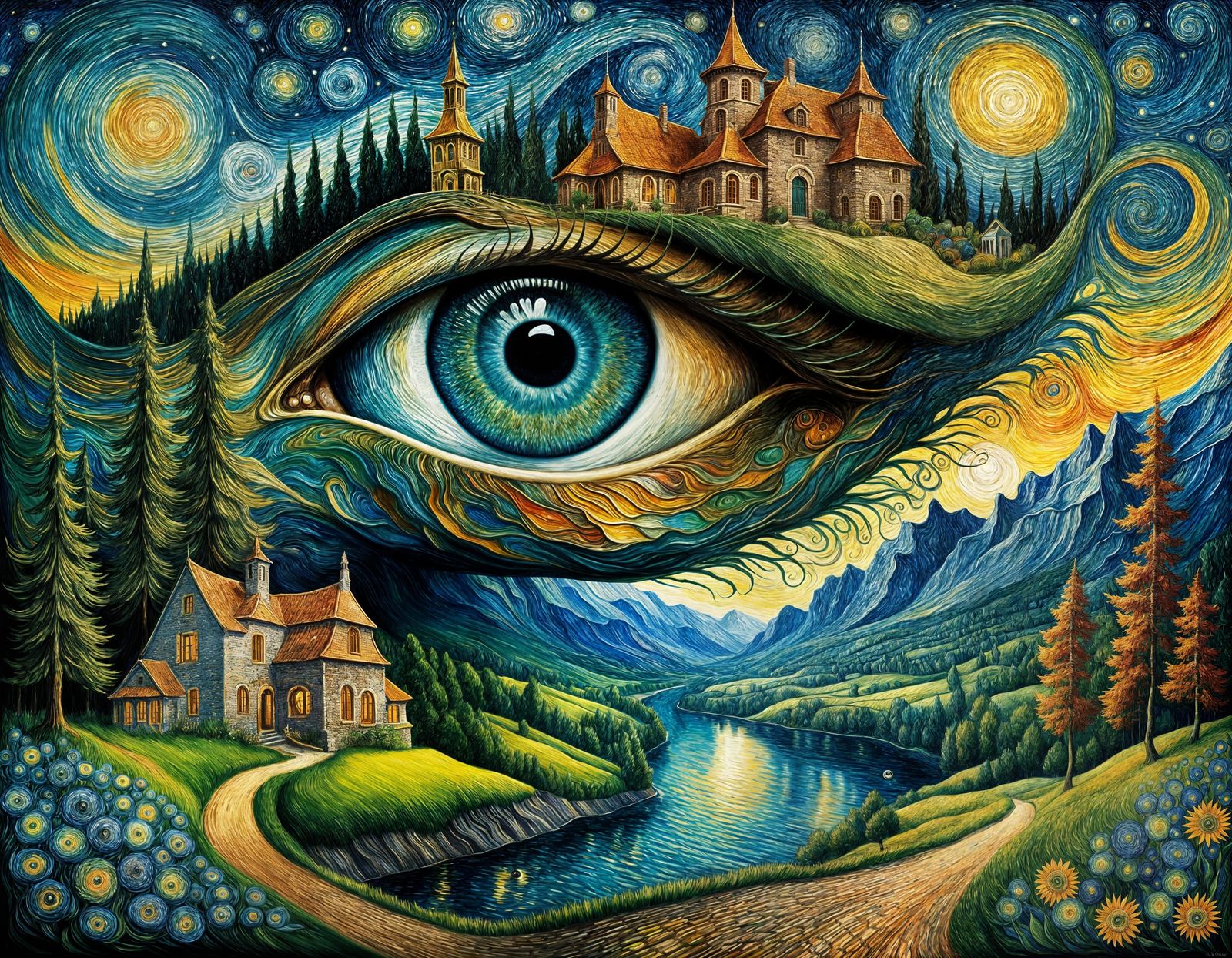 Surreal Eye with Landscape in Van Gogh Style