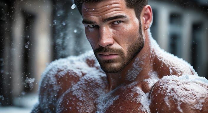Muscular Young Man Rubs Snow on Body in Village Courtyard