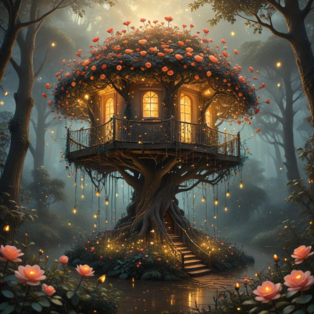 Coral Rose Treehouse in Vibrant Oil Painting Style