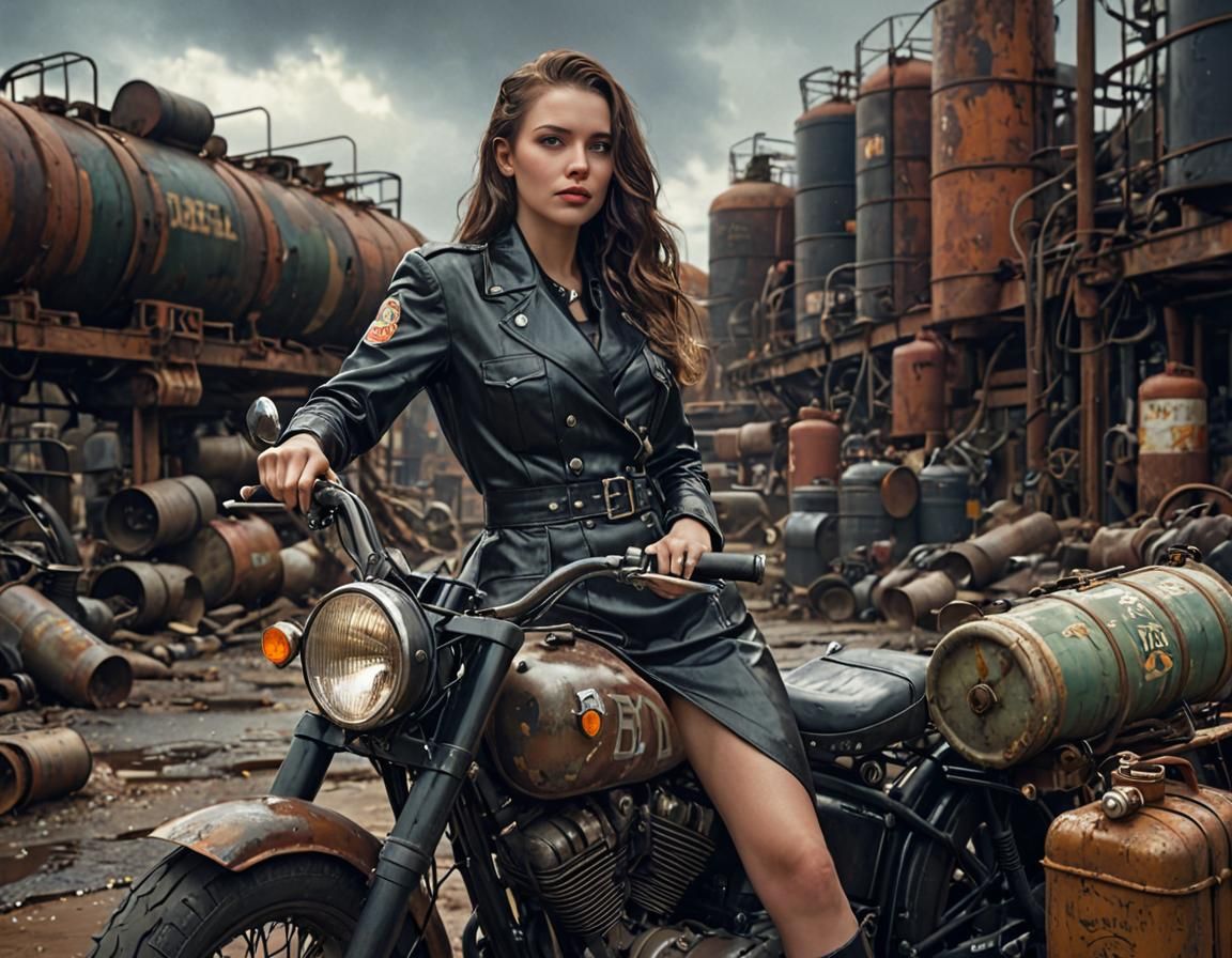 Dieselpunk Girl with Motorcycle in Industrial Factory