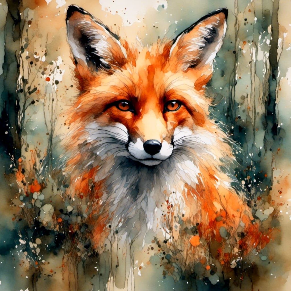 Watercolor Portrait of Fox in Lush Forest