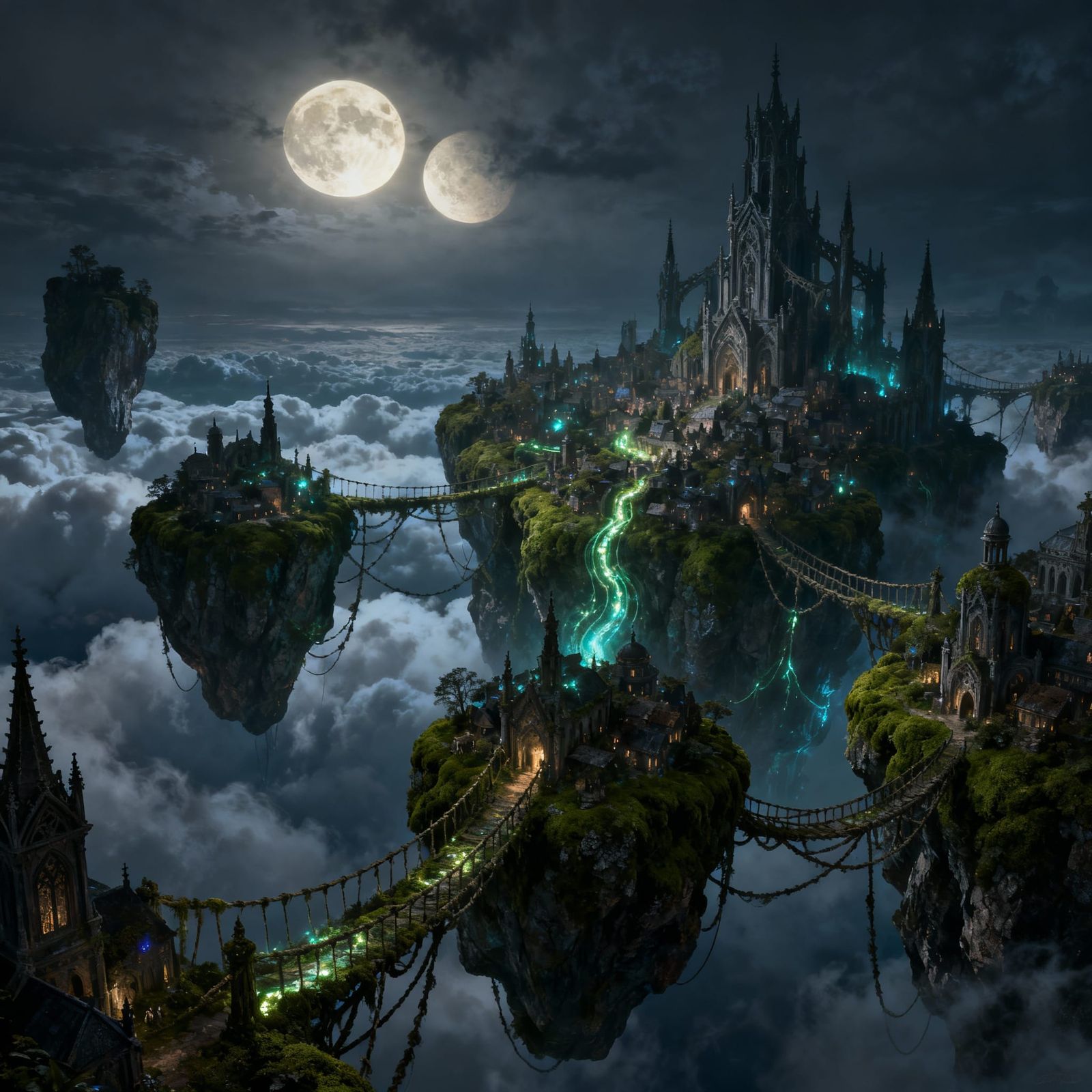 Gothic City on Floating Islands Above Clouds