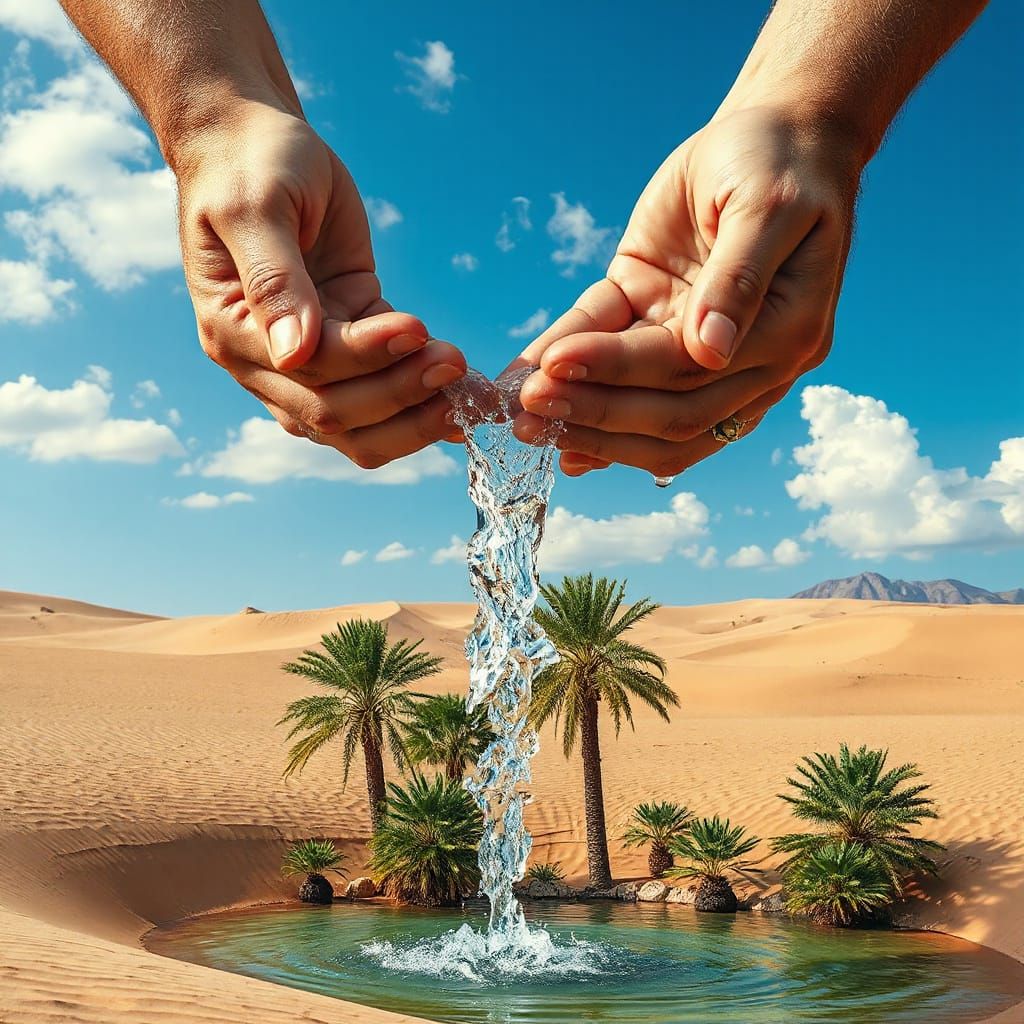 Giant Hands Waterfall Over Desert Oasis: Hyperrealistic Phot...