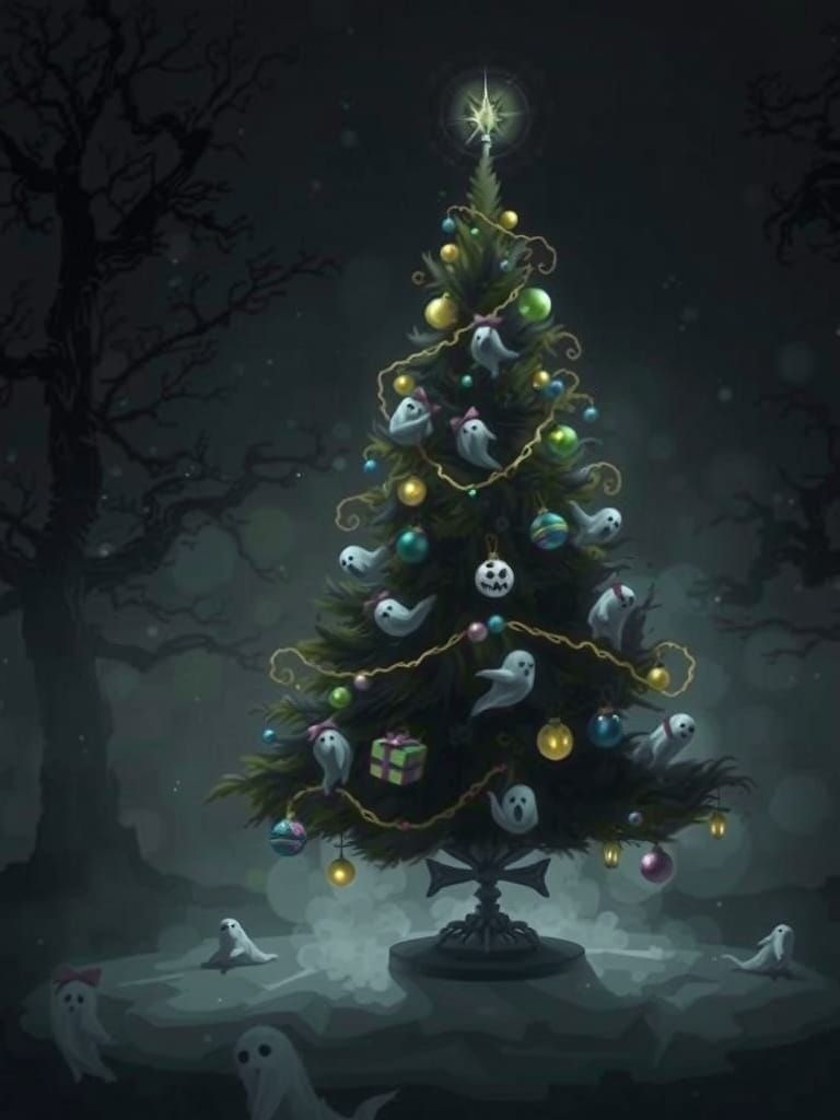 Haunted Christmas Tree with Ghost Gifts in Painterly Style