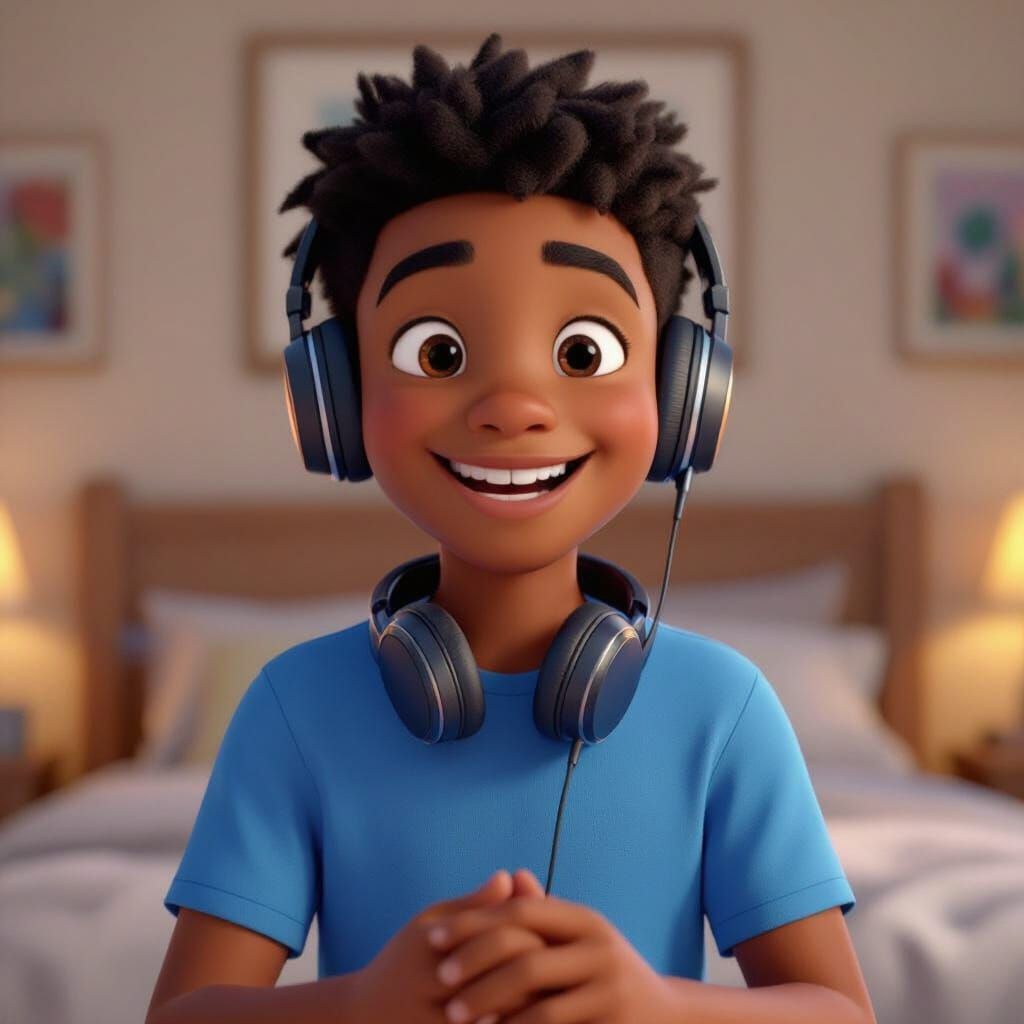 Joyful Animated Black Boy with Headphones in 3D Style