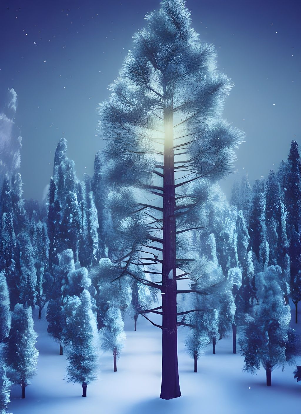 Sparkling Pine Tree in Winter Landscape