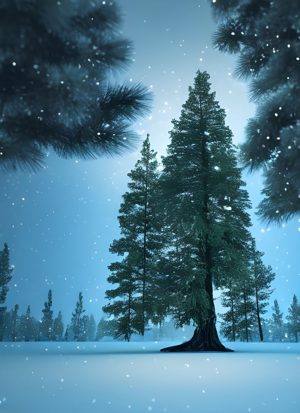 Sparkling Pine Tree in Winter Landscape