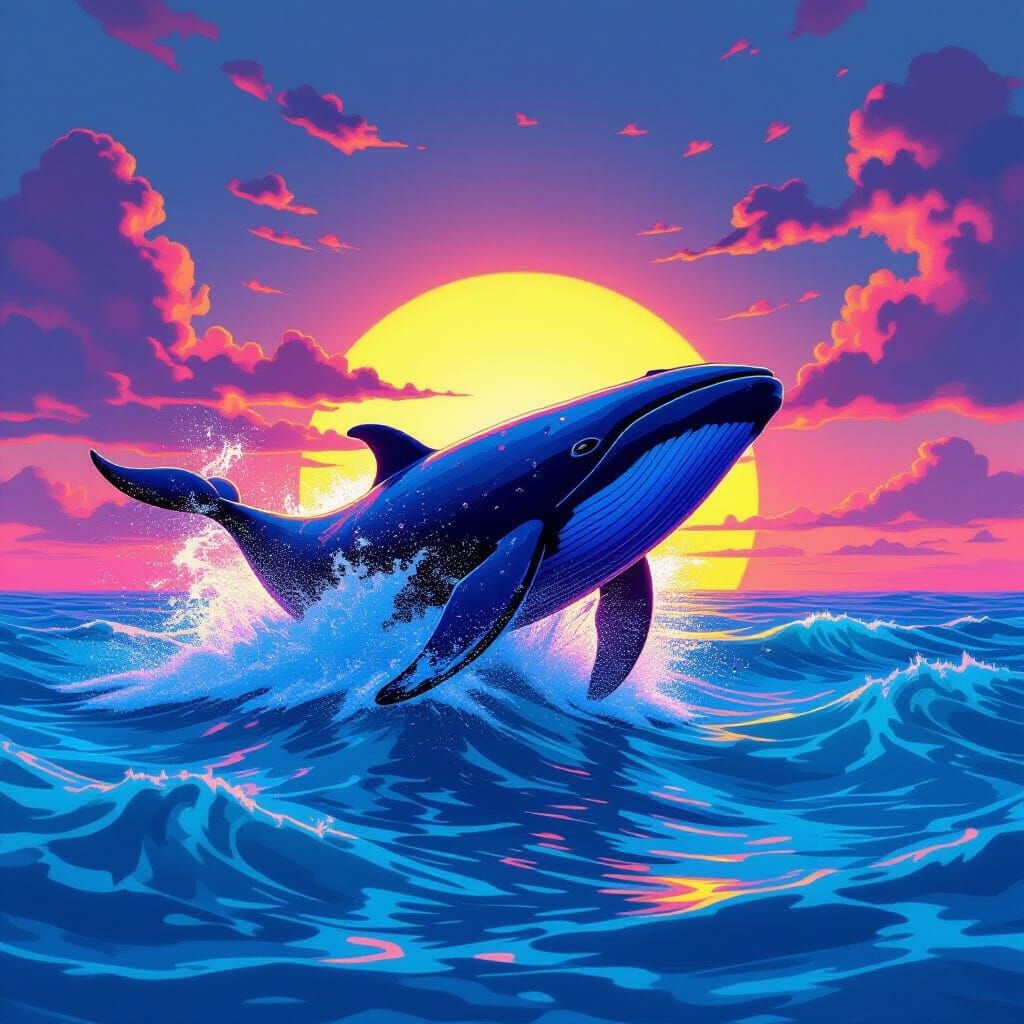 Neon Whale Leaps from Turquoise Ocean: Matte Painting