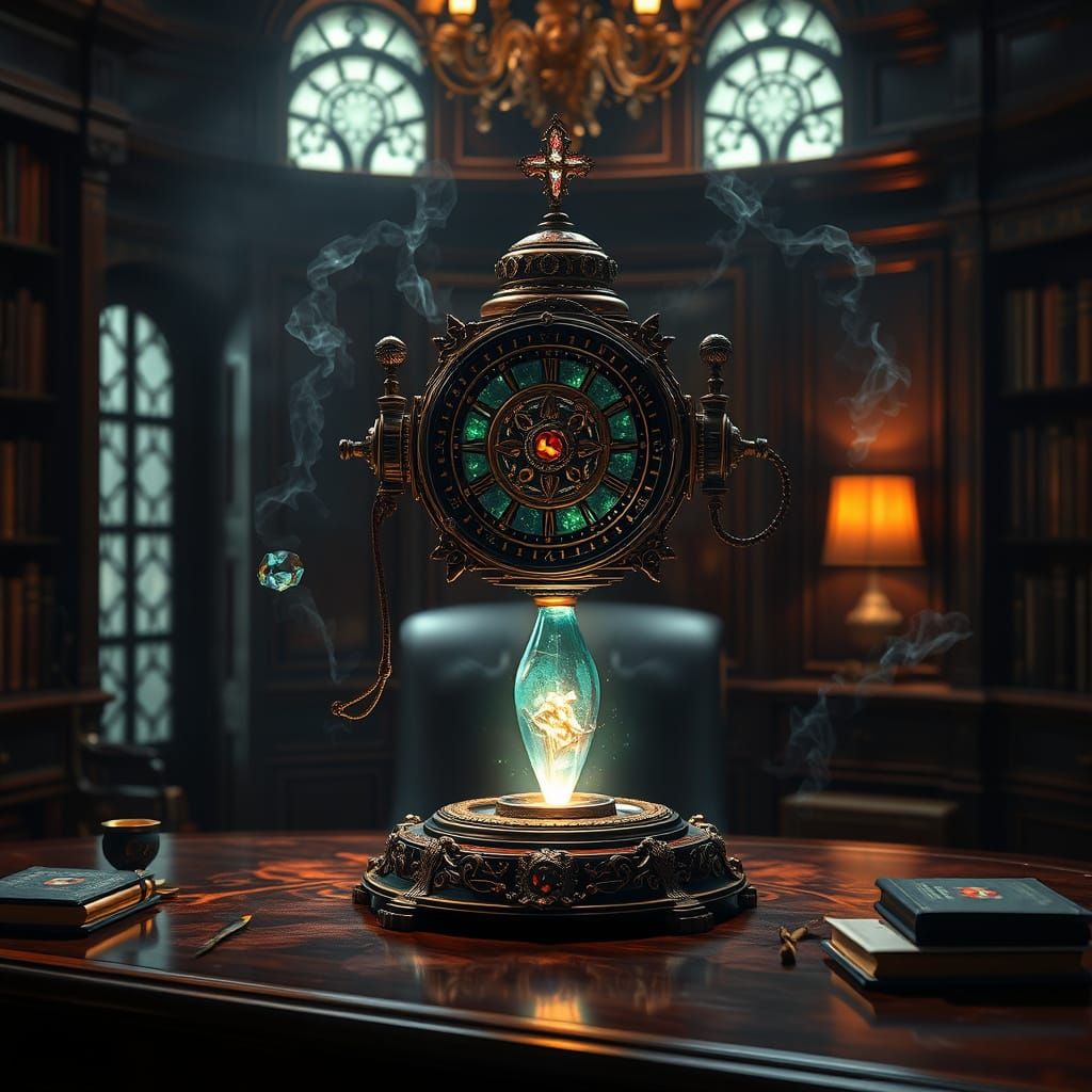 Gemstone Machine Dispensing Arcane Energy in Dark Study