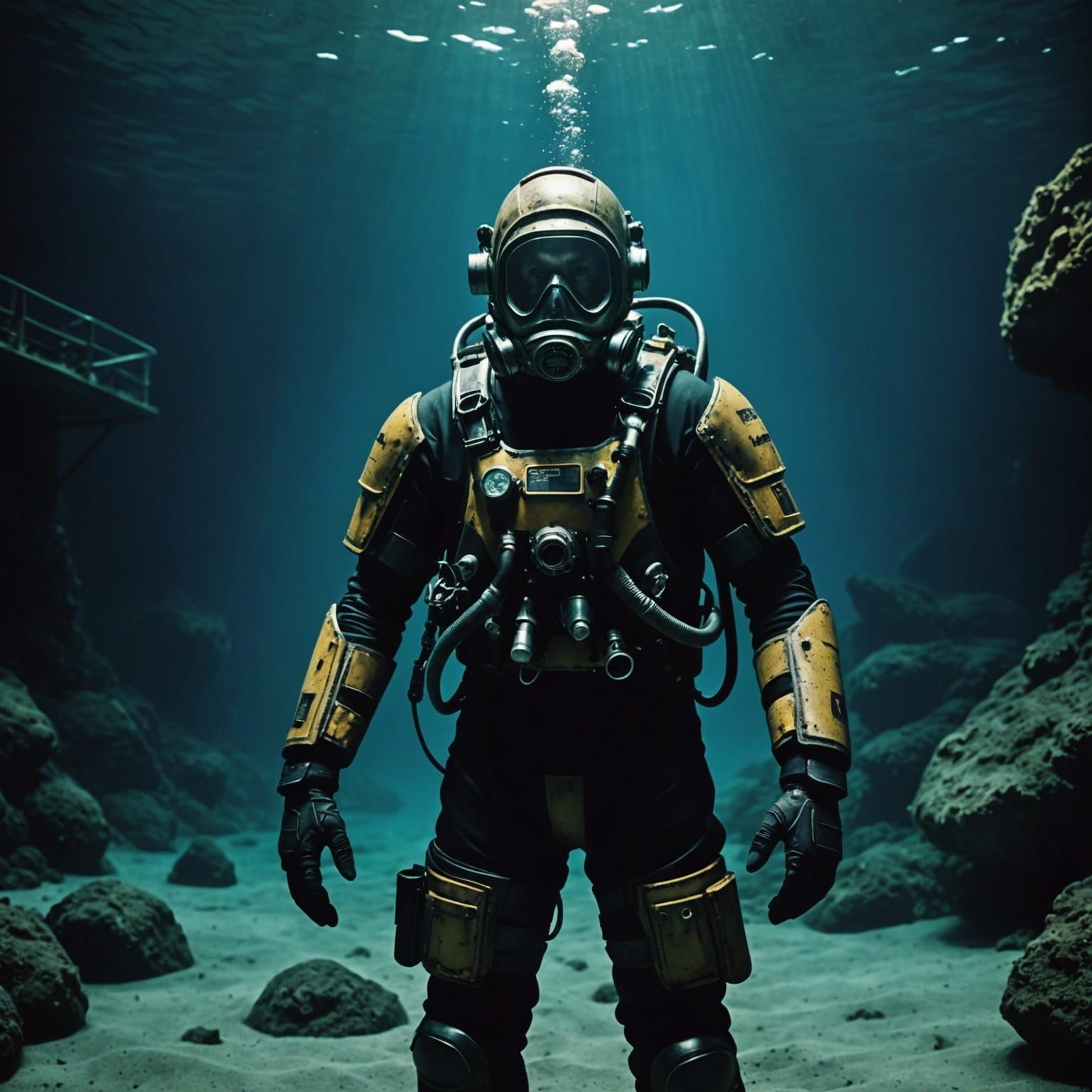 Diver Descends into Ominous Abyss: Cinematic Film Still