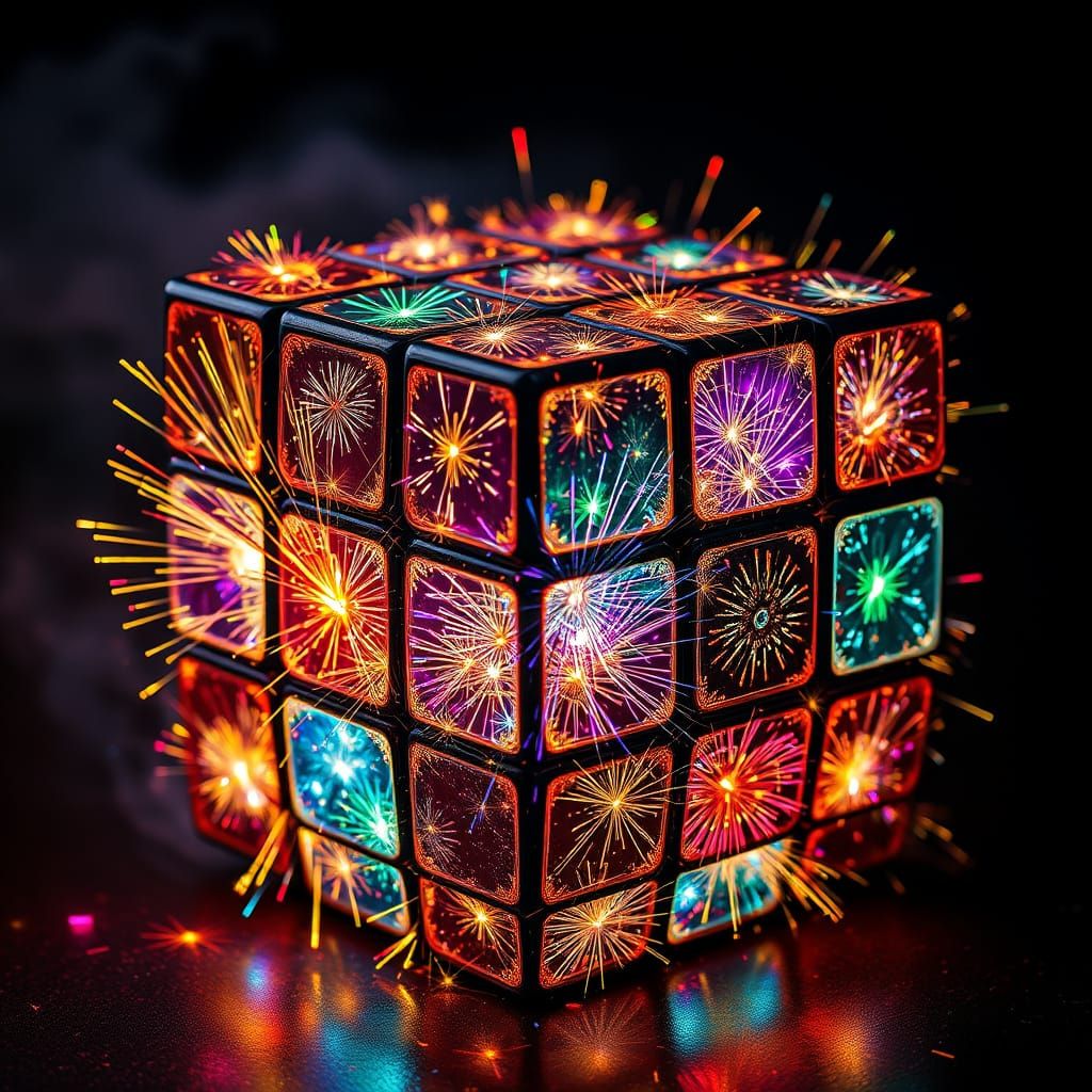 Hyper Realistic Firework Rubik's Cube in Intricate 3D Lattic...