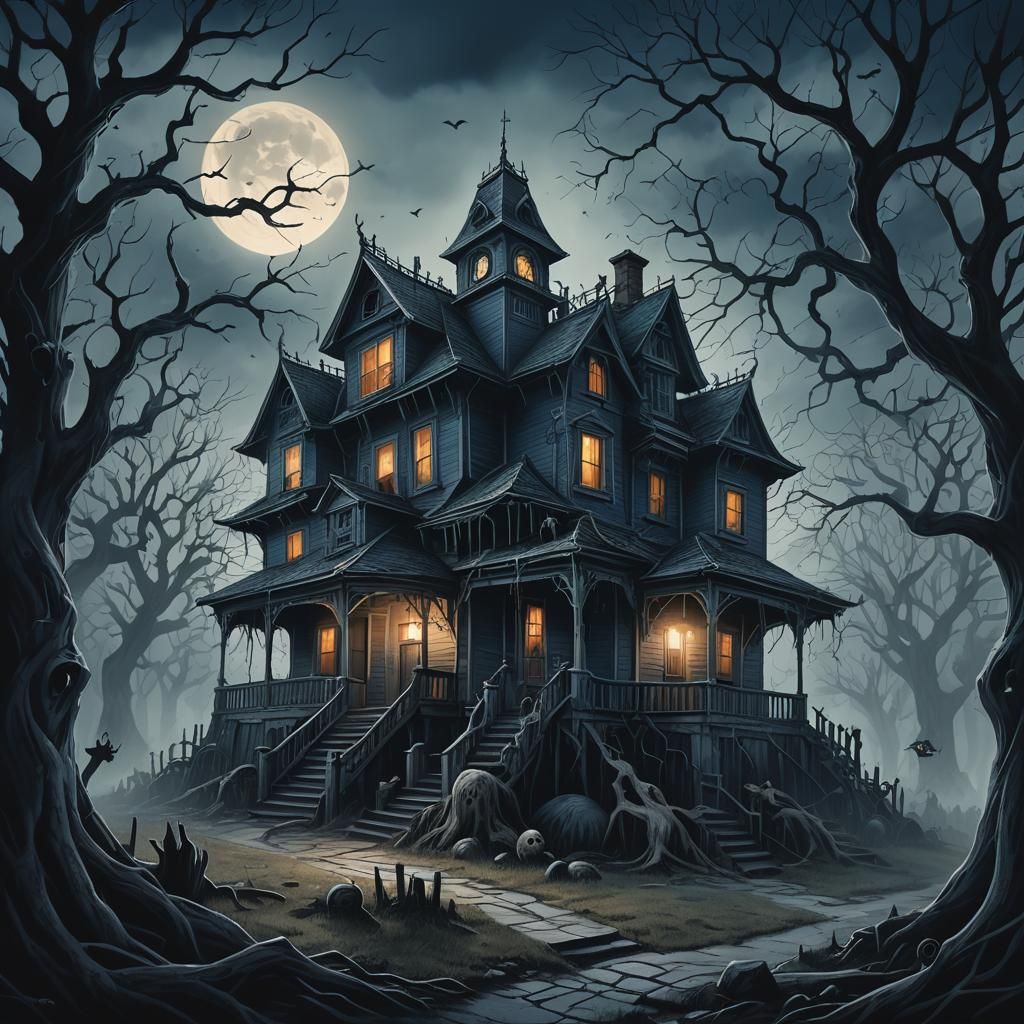 Eerie Haunted House Digital Painting with Ghosts