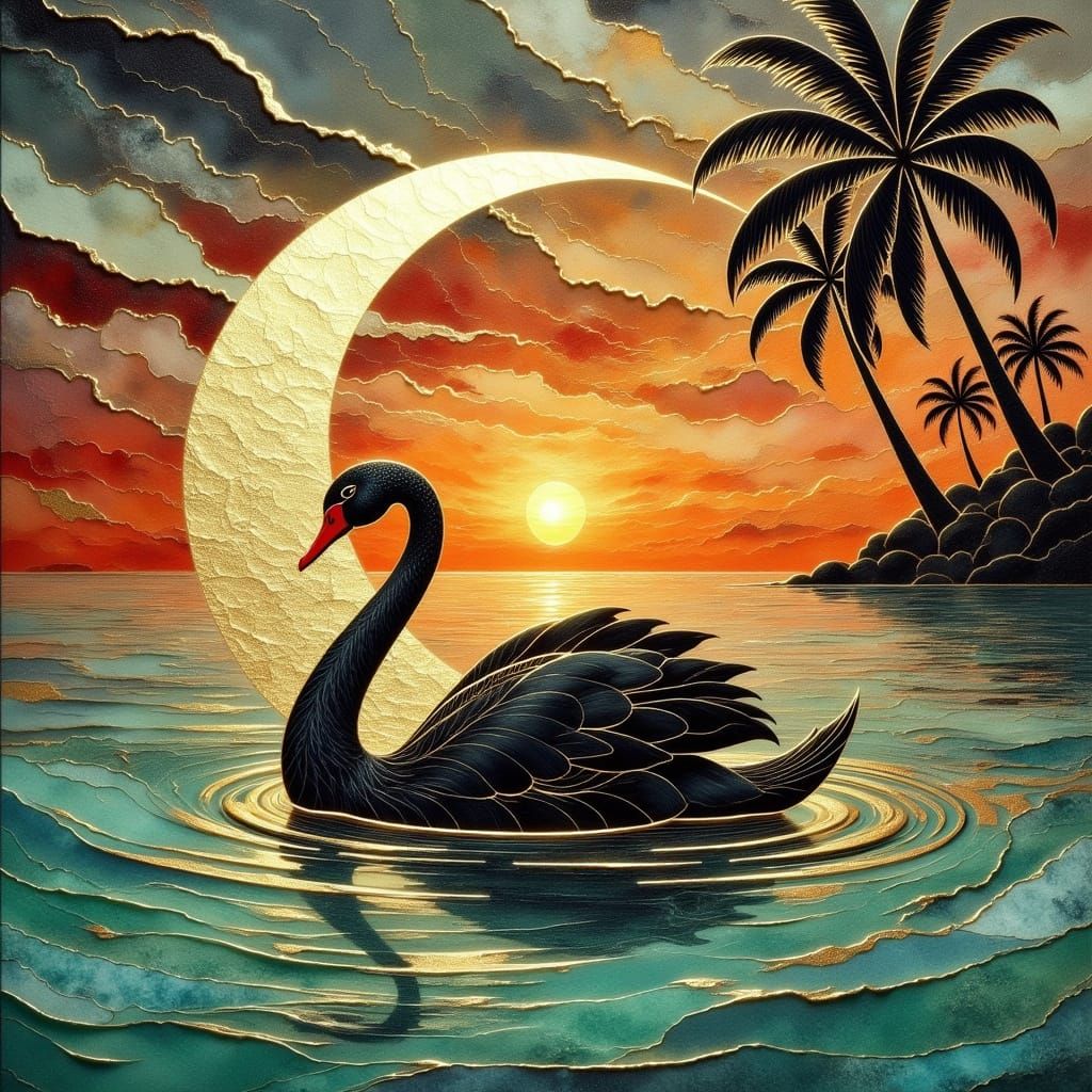 Black Swan Glides on Turquoise Waters at Sunset