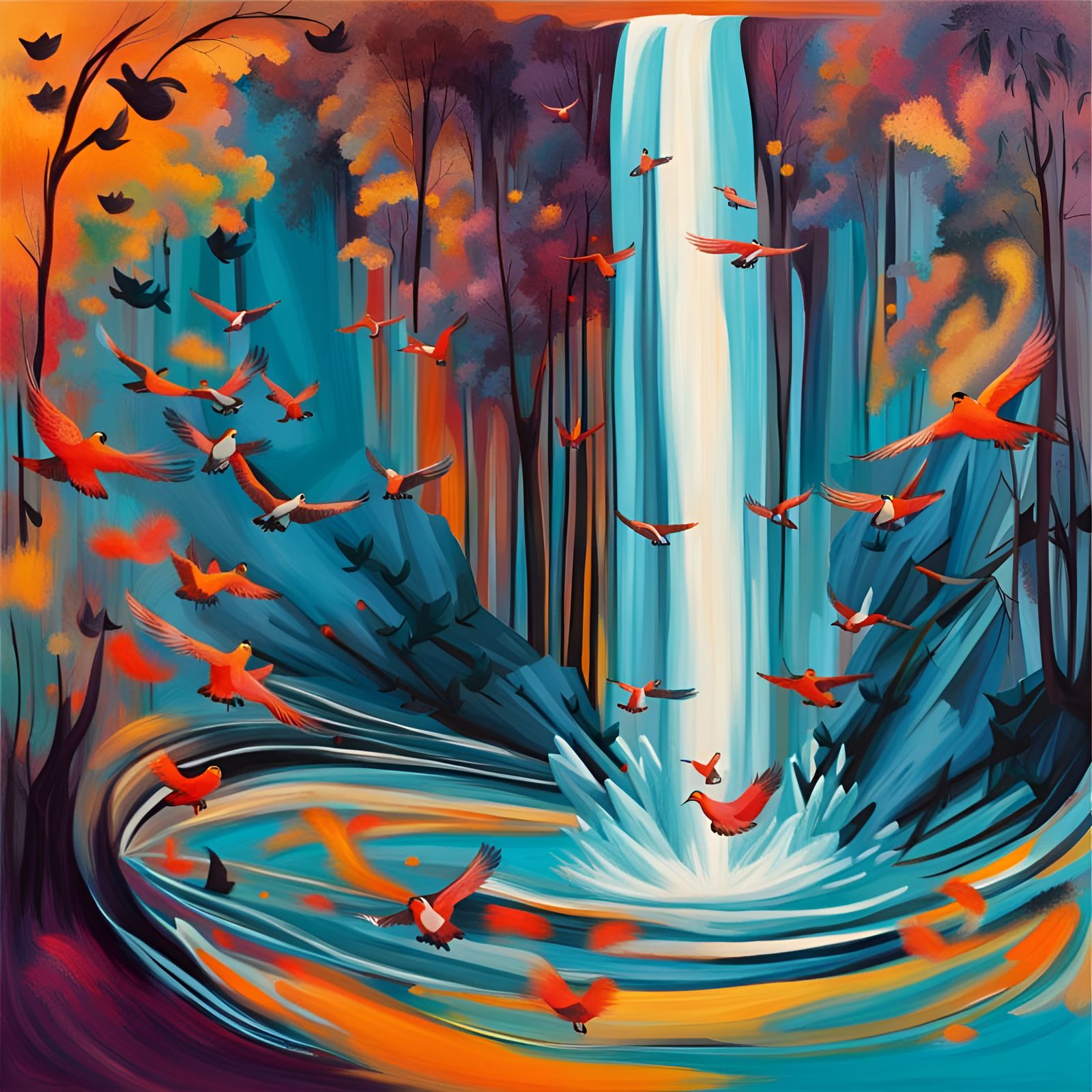 Abstract Birds Flying Over Forest Waterfall