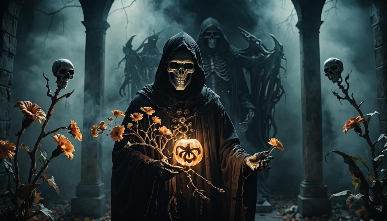 Eerie Three-Headed Reaper Tending Skeletal Flower