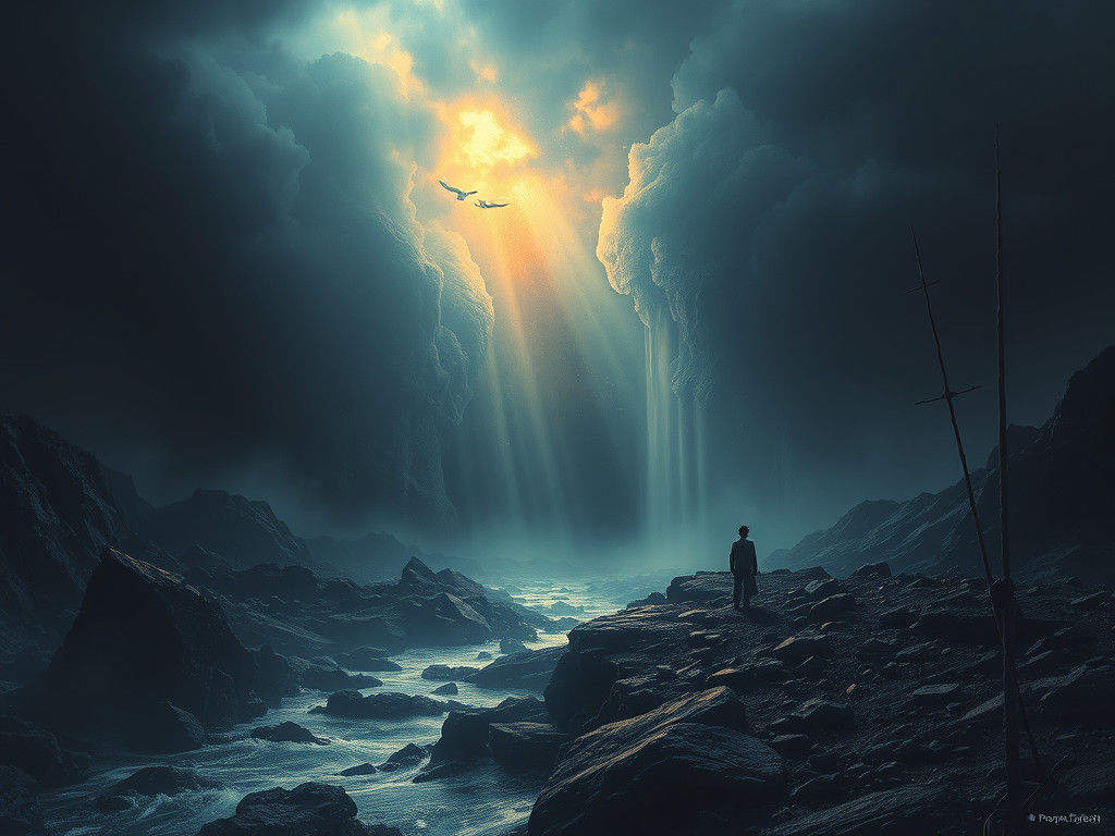 Ethereal Landscape: Light and Hope Against Darkness