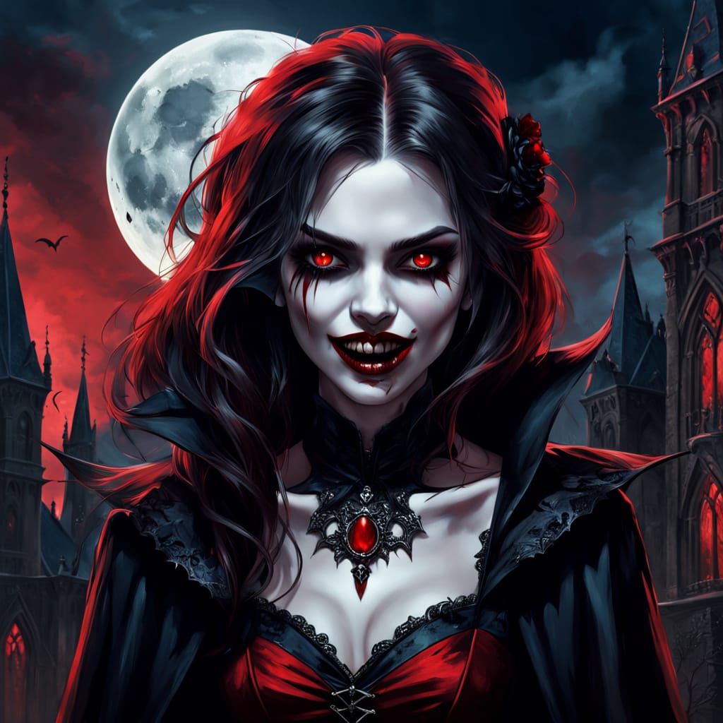 Gothic Vampire Lady in Red Moonlight with Seductive Smile