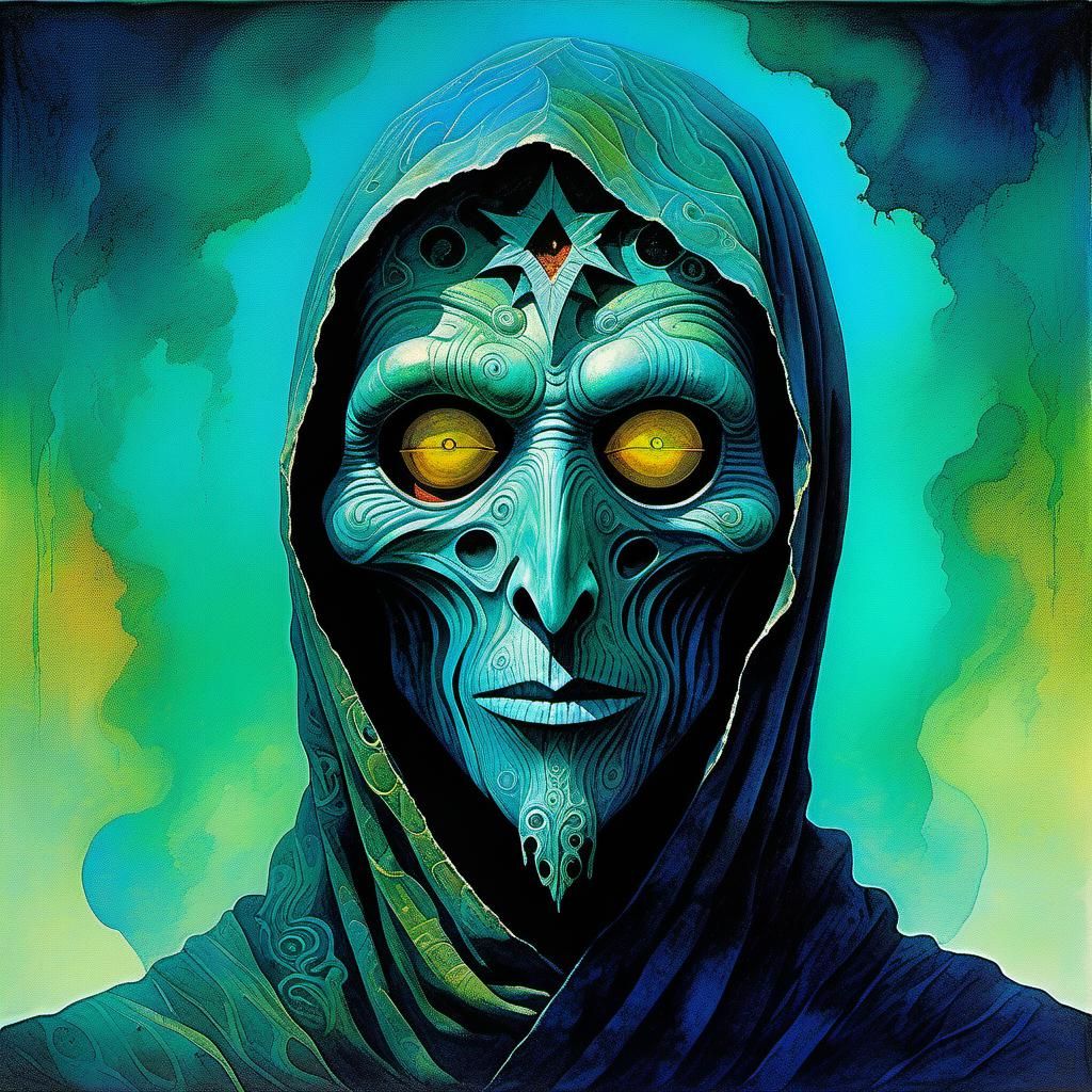 Envy Cultist in Horrifying Mask: Watercolor Art