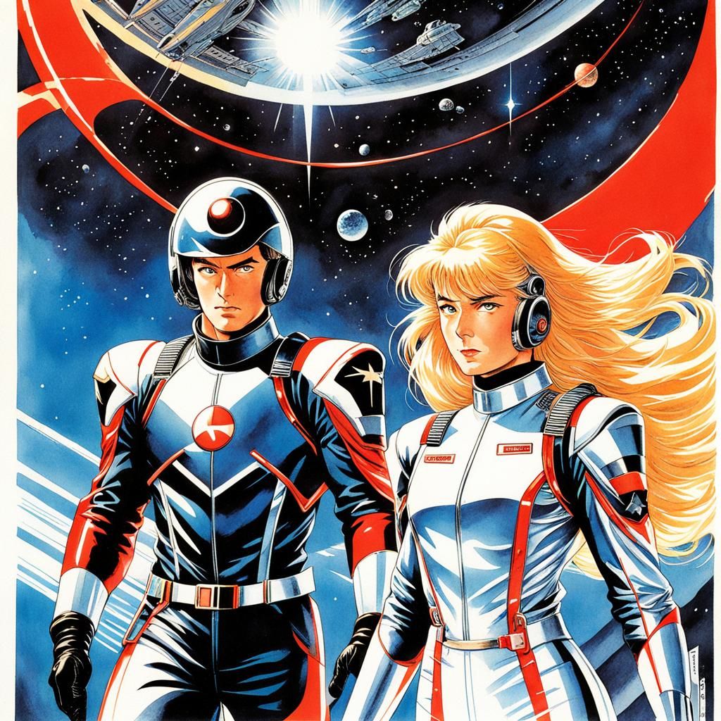 Vintage Manga Sci-Fi Pilot Watercolor Illustration