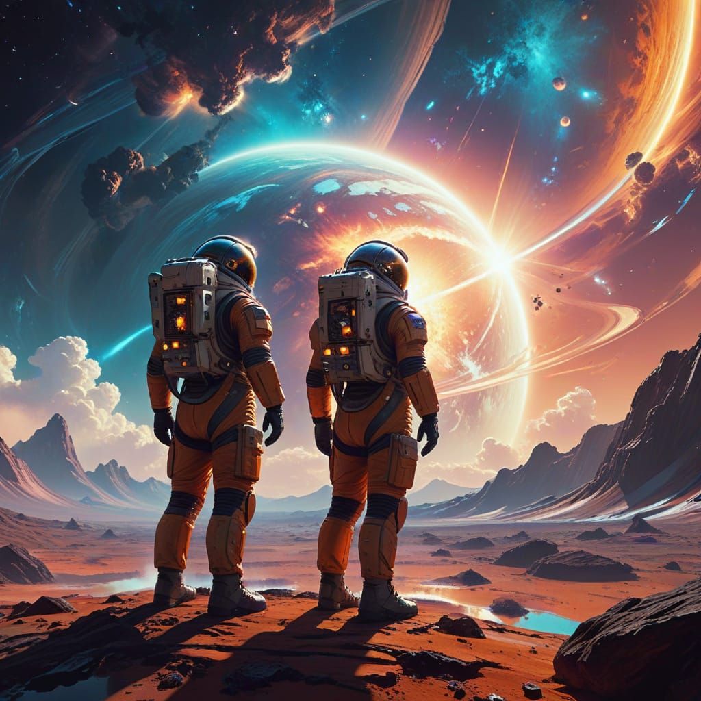 Lone Astronaut Amidst a Swirling Nebula in a Cosmic Landscap...