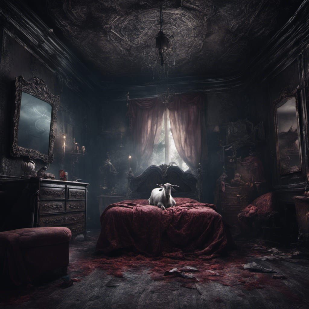 A scary dark bedroom theme is haunted a goat in the corner wearing lipstick realistic 4k clear view