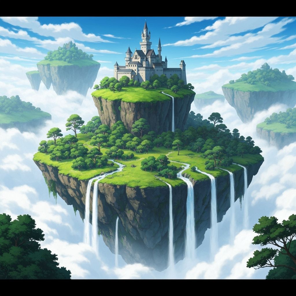 Majestic Floating Castle with Waterfalls in Ghibli Style