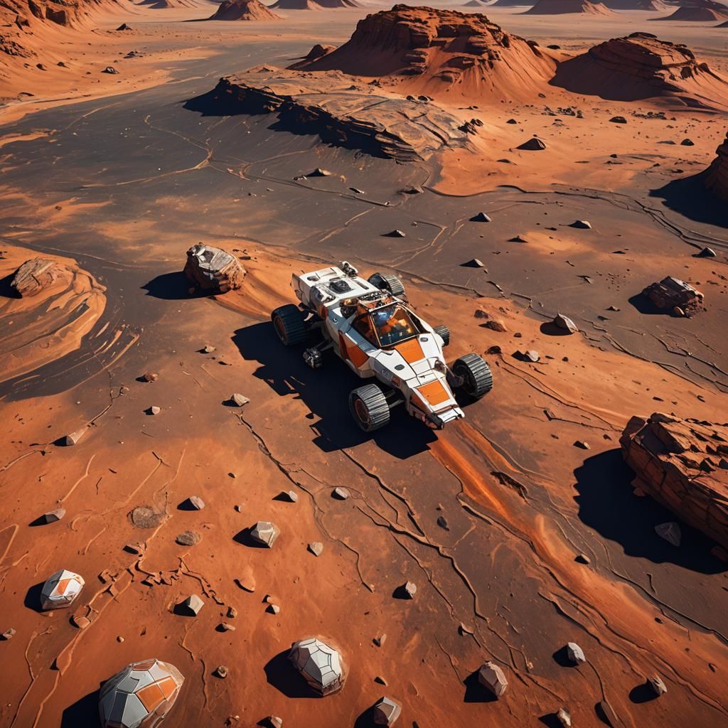 Tiger and Space Vehicle on Mars in Low-Poly Art