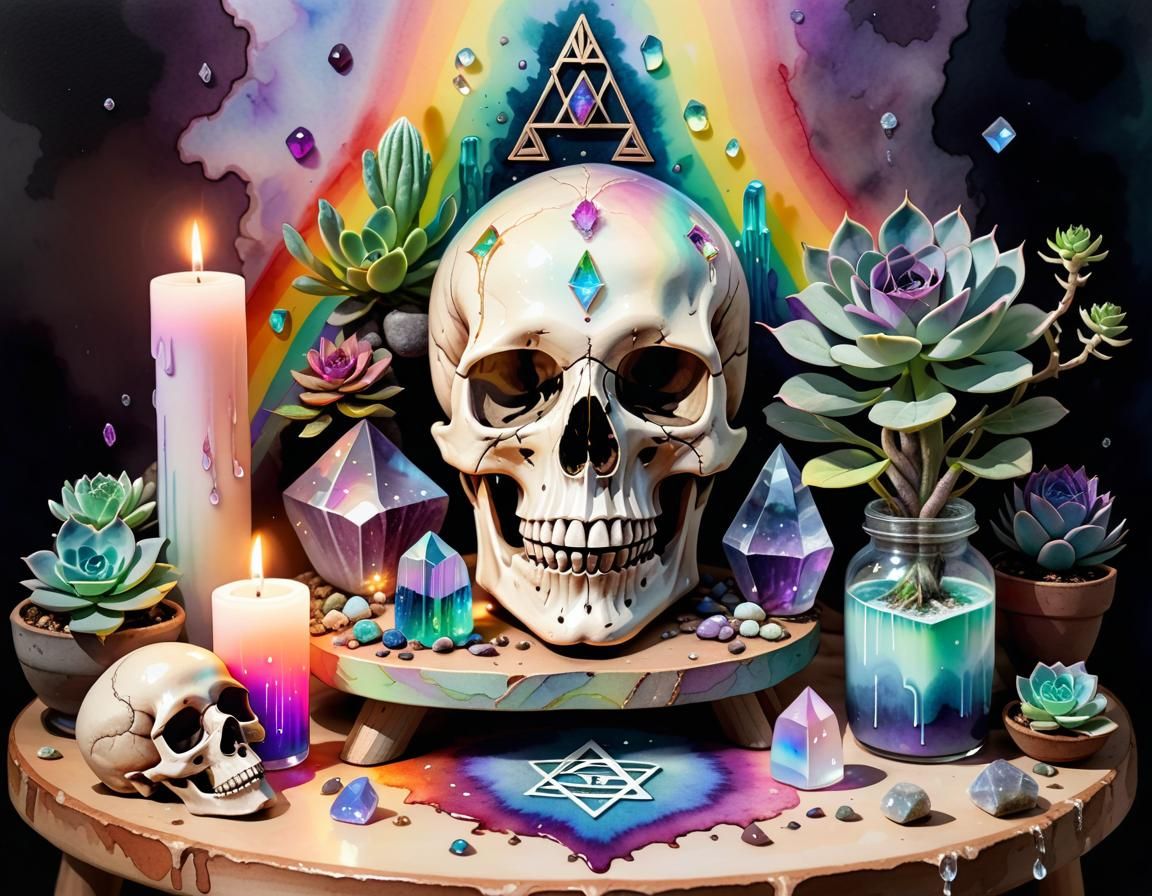 Watercolor Goddess Altar with Rainbow Skull