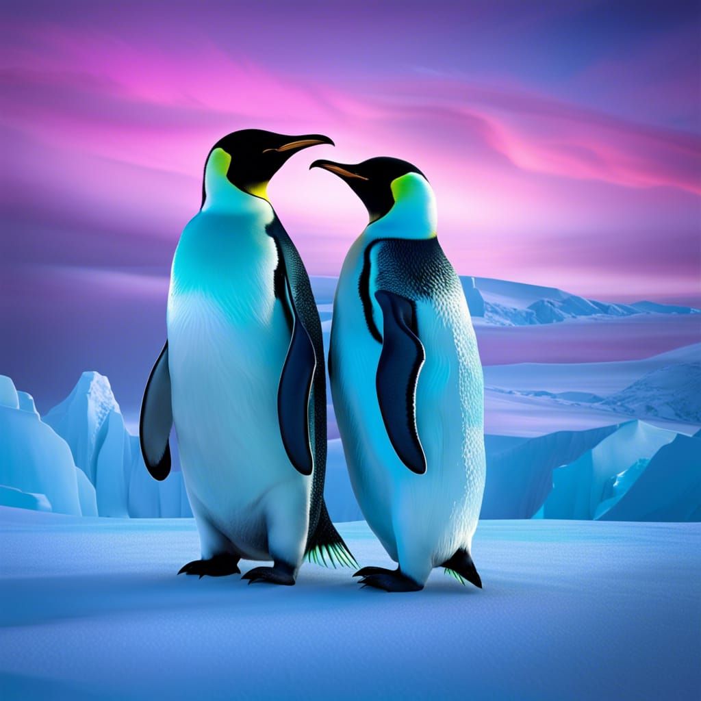 Emperor Penguins Cuddling Under Aurora Australis