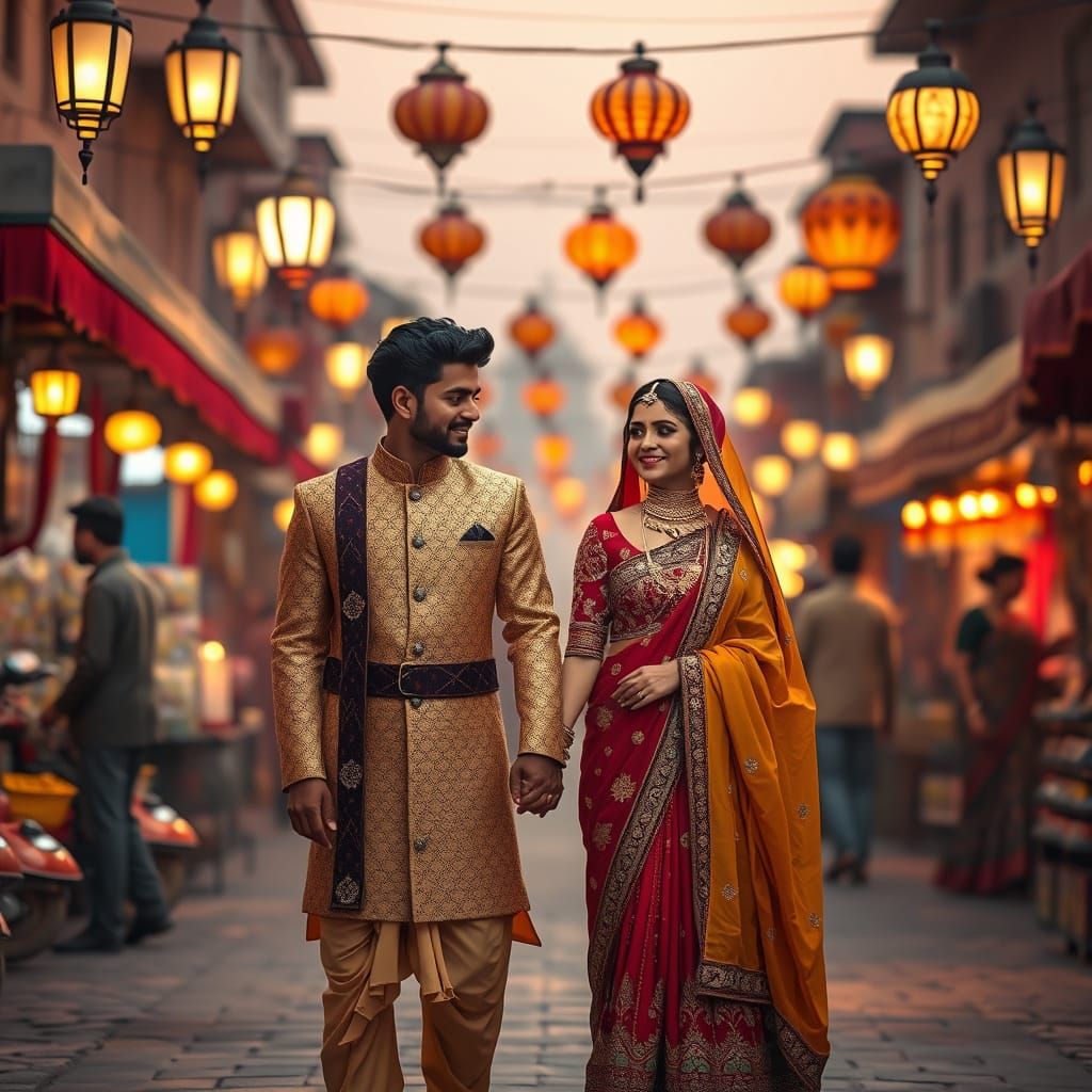 Jaipur Couple in Crowded Market, Hyper-Realistic 3D Render