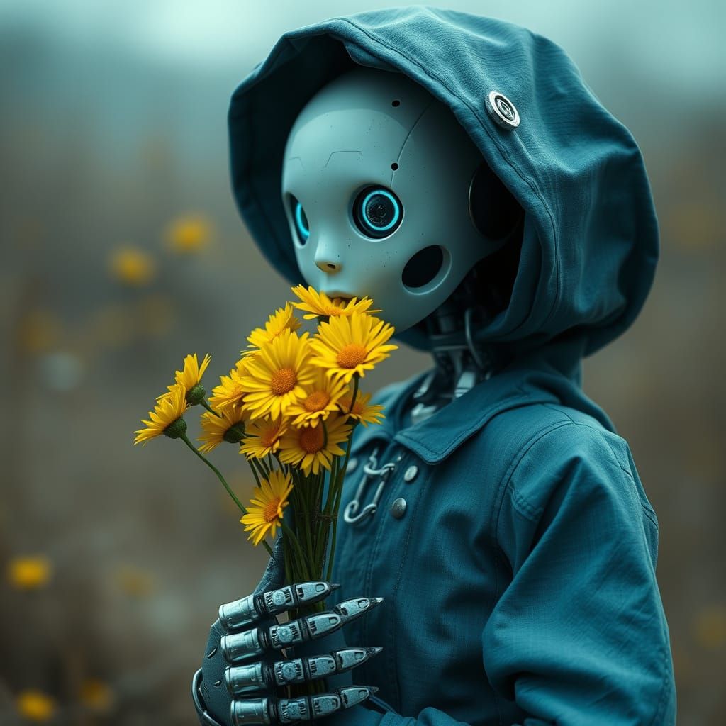 Melancholy Robot with Daisies in Hyperrealistic Style