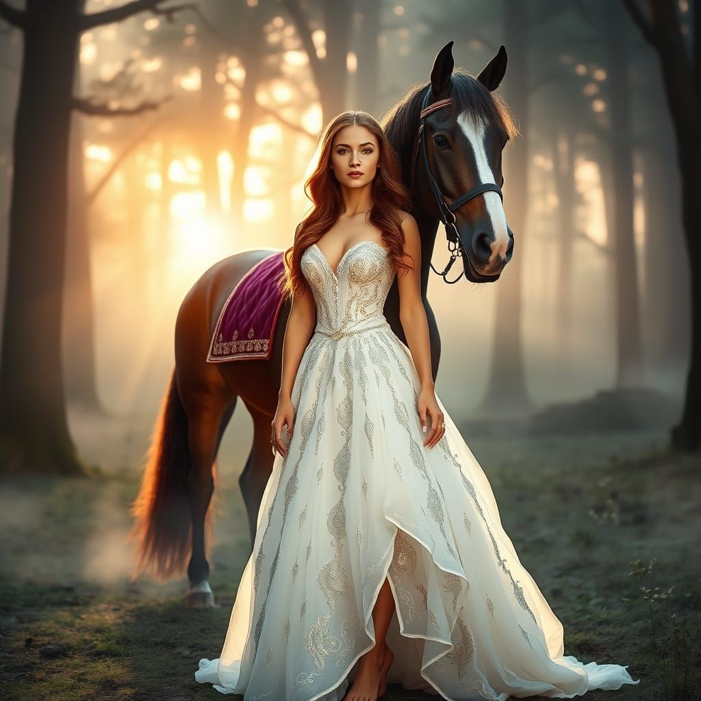 Woman and Horse in Misty Forest Glade